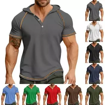 Мужская однотонная рубашка реглан с капюшоном и тремя пуговицами, топ L армия зеленый