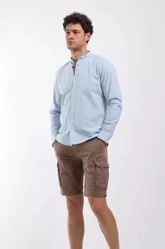 Мужская однотонная рубашка с длинным рукавом и воротником синяя