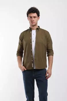 Мужская однотонная рубашка с длинным рукавом и карманами цвета хаки