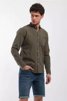 Мужская однотонная рубашка с длинным рукавом и воротником хаки