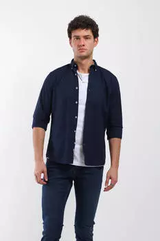 Мужская однотонная рубашка с длинным рукавом и карманами, темно-синяя