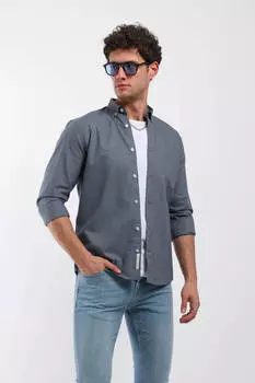 Мужская однотонная рубашка с длинным рукавом и карманами дымчатая