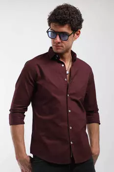 Мужская однотонная рубашка с длинным рукавом и карманом цвета сливы