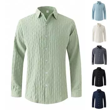 Мужская однотонная рубашка с длинным рукавом и лацканами, мужская повседневная однобортная рубашка в клетку с длинным рукавом L чёрный