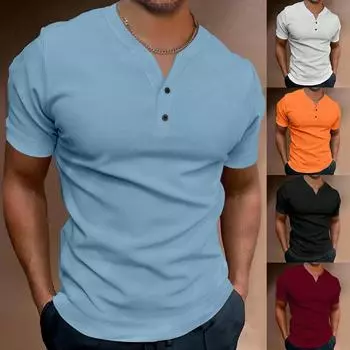 Мужская однотонная рубашка с V-образным вырезом и пуговицами, мужская спортивная рубашка с коротким рукавом L чёрный