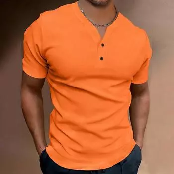 Мужская однотонная рубашка с V-образным вырезом и пуговицами, мужская спортивная рубашка с коротким рукавом XL оранжевый