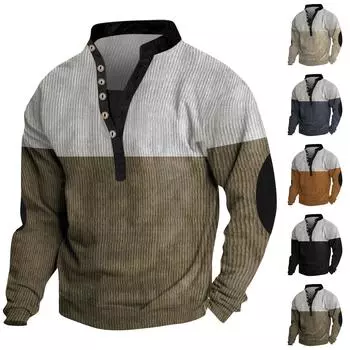 Мужская однотонная свободная футболка с длинным рукавом и V-образным вырезом на пуговицах L