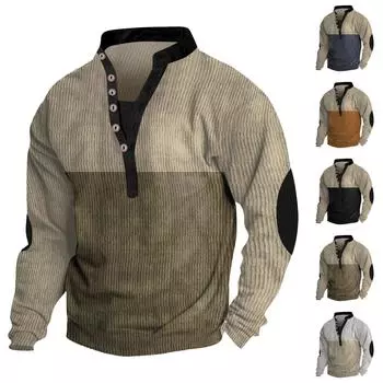 Мужская однотонная свободная футболка с длинным рукавом и V-образным вырезом на пуговицах L