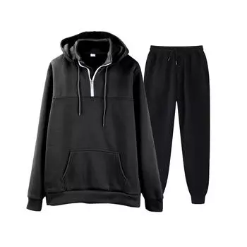 Мужская однотонная толстовка с длинным рукавом и длинными брюками, комплект из спортивной толстовки с капюшоном и воротником-стойкой + спортивные штаны L чёрный
