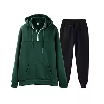 Мужская однотонная толстовка с длинным рукавом и длинными брюками, комплект из спортивной толстовки с капюшоном и воротником-стойкой + спортивные штаны L армия зеленый