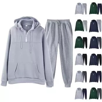 Мужская однотонная толстовка с длинным рукавом и длинными брюками, комплект из спортивной толстовки с капюшоном и воротником-стойкой + спортивные штаны L армия зеленый