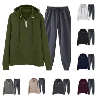 Мужская однотонная толстовка с длинным рукавом и длинными брюками, комплект из спортивной толстовки с капюшоном и воротником-стойкой + спортивные штаны L армия зеленый