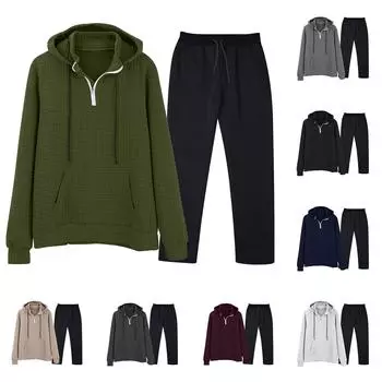 Мужская однотонная толстовка с длинным рукавом и длинными брюками, комплект из спортивной толстовки с капюшоном и воротником-стойкой + спортивные штаны L армия зеленый