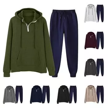 Мужская однотонная толстовка с длинным рукавом и длинными брюками, комплект из спортивной толстовки с капюшоном и воротником-стойкой + спортивные штаны L армия зеленый