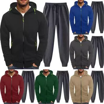 Мужская однотонная толстовка с длинным рукавом и длинными брюками, комплект из спортивной толстовки с капюшоном и воротником-стойкой + спортивные штаны L чёрный