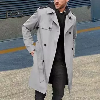 Мужская однотонная ветровка осень-зима с лацканами и длинными рукавами, двубортная, с карманами, поясом, облегающее длинное пальто в уличном стиле XL светло-серый