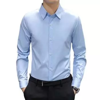 Мужская официальная рубашка в деловом стиле с отложным воротником и длинными рукавами, однобортная рубашка для офиса и встреч, однотонная M светло-синий