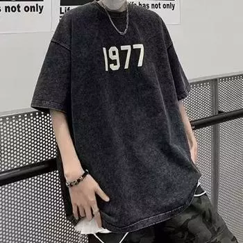 Мужская осенне-летняя футболка с принтом номера, свободный круглый вырез, однотонный пуловер с короткими рукавами, мягкая уличная одежда, повседневный мужской топ средней длины M чёрный