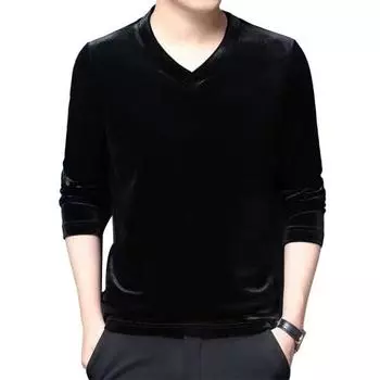 Мужская осенне-весенняя футболка с V-образным вырезом, однотонная, с длинным рукавом, бархатная, облегающая, средней длины, мягкая, теплая, повседневная, мужская зимняя футболка M чёрный