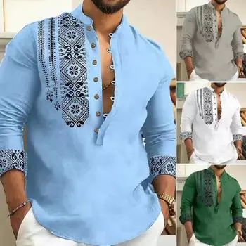Мужская осенне-весенняя рубашка с длинным рукавом и винтажным принтом, полуоднобортная, приталенная, с воротником-стойкой, мягкая дышащая мужская повседневная офисная рубашка в этническом стиле M белый