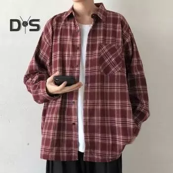 Мужская осенне-весенняя рубашка с клетчатым принтом и отложным воротником с длинными рукавами, свободный кардиган на пуговицах, нагрудный карман, повседневное пальто средней длины M чёрный