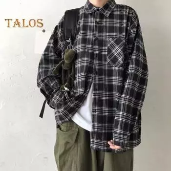 Мужская осенне-весенняя рубашка с клетчатым принтом и отложным воротником с длинными рукавами, свободный кардиган на пуговицах, нагрудный карман, повседневное пальто средней длины M чёрный