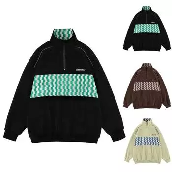 Мужская осенне-весенняя толстовка на молнии с воротником-стойкой в стиле ретро с длинным рукавом, свободная по цвету, пуловер в шахматном порядке, эластичные манжеты, уличная одежда, мужской топ XL белый