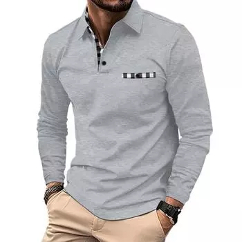 Мужская осенне-весенняя верхняя одежда с лацканами и клетчатым принтом, с длинным рукавом, приталенный пуловер, декор на пуговицах, однотонная, мягкая, дышащая, в деловом стиле, повседневная мужская рубашка L серый