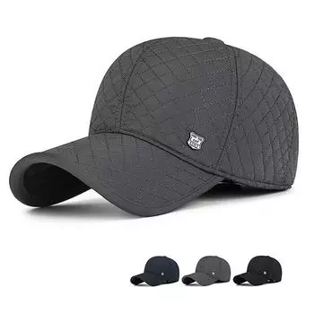 Мужская осенне-зимняя бархатная толстая защитная ухоустойчивая теплая бейсболка с ромбовидной вышивкой и хлопковым язычком темно-синий