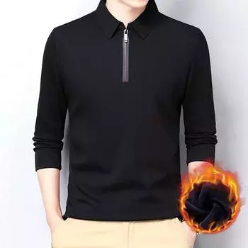 Мужская осенне-зимняя флисовая утолщенная рубашка с воротником-стойкой на молнии с длинными рукавами, теплая деловая футболка XXXXL чёрный