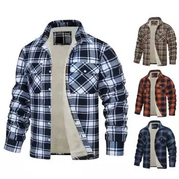Мужская осенне-зимняя куртка с клетчатым принтом и лацканами, мягкие плюшевые карманы, однобортное свободное утолщенное повседневное мужское пальто средней длины с длинными рукавами M хаки