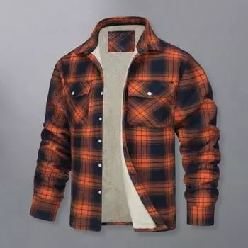 Мужская осенне-зимняя куртка с клетчатым принтом и лацканами, мягкие плюшевые карманы, однобортное свободное утолщенное повседневное мужское пальто средней длины с длинными рукавами M чёрный