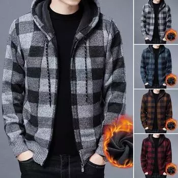 Мужская осенне-зимняя куртка в клетку с принтом в клетку, вязаный кардиган на молнии с капюшоном и длинным рукавом на шнурке средней длины, толстое теплое повседневное пальто M синий