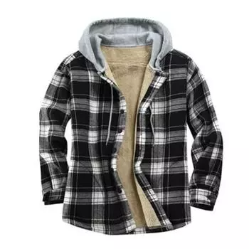 Мужская осенне-зимняя куртка в клетку с флисовой подкладкой, капюшоном и шнурком, с длинными рукавами, свободный крой, однобортный кардиган, верхняя одежда S чёрный
