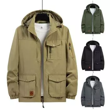 Мужская осенне-зимняя куртка, водонепроницаемая, с несколькими карманами и капюшоном, с длинным рукавом, сплошной цвет, мягкая, свободная, гладкая, на молнии, съемная шляпа, уличная одежда на открытом воздухе 3XL армия зеленый