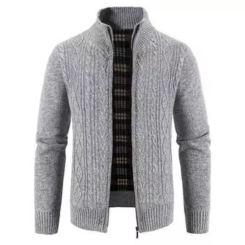 Мужская осенне-зимняя куртка, вязаная утолщенная вязаная крючком воротник-стойка, теплая мягкая застежка-молния, карманы с длинным рукавом, повседневный кардиган, свитер, антипиллинг L светло-серый
