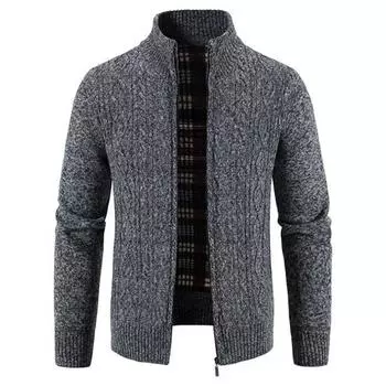 Мужская осенне-зимняя куртка, вязаная утолщенная вязаная крючком воротник-стойка, теплая мягкая застежка-молния, карманы с длинным рукавом, повседневный кардиган, свитер, антипиллинг L светло-серый