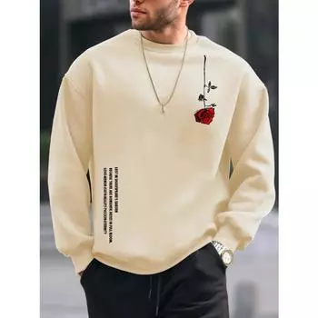 Мужская осенне-зимняя модная повседневная свободная флисовая кофта с принтом в виде роз, с круглым вырезом и длинными рукавами, толстовка с длинными рукавами для мужчин S