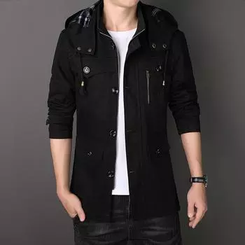 Мужская осенне-зимняя мужская куртка с капюшоном, деловой тренчкот, повседневное пальто средней и длинной длины, чистый хлопковый тренчкот для мужчин M чёрный
