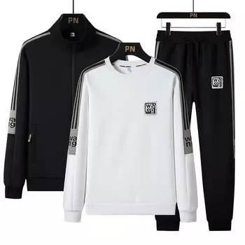 Мужская осенне-зимняя новая толстовка с длинными рукавами, спортивный комплект, мужской свободный однотонный повседневный модный комплект из трех предметов для бега M