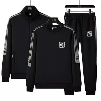 Мужская осенне-зимняя новая толстовка с длинными рукавами, спортивный комплект, мужской свободный однотонный повседневный модный комплект из трех предметов для бега M