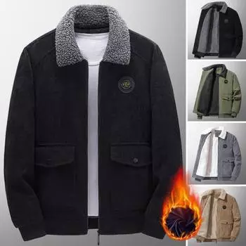 Мужская осенне-зимняя однотонная куртка с лацканами и длинными рукавами с клапанами и карманами на молнии, вельветовое пальто, верхняя одежда с утолщенной флисовой подкладкой 3XL чёрный