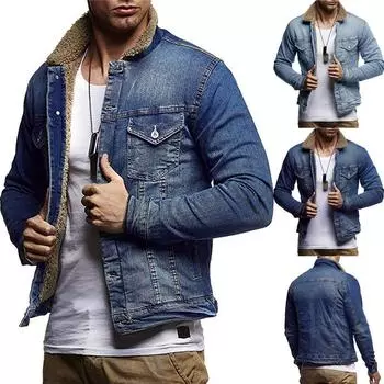 Мужская осенне-зимняя однотонная плюшевая винтажная джинсовая куртка на пуговицах, топы, блузка, пальто L синий