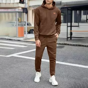 Мужская осенне-зимняя однотонная полосатая толстовка с длинным рукавом, толстовка, брюки, костюм M коричневый