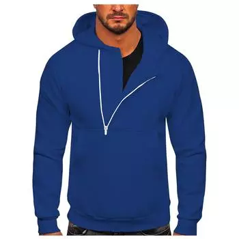 Мужская осенне-зимняя однотонная повседневная спортивная толстовка с капюшоном и полумолнией XXXL синий