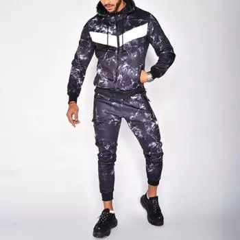 Мужская осенне-зимняя однотонная толстовка с длинным рукавом на молнии с капюшоном и брюками L фиолетовый