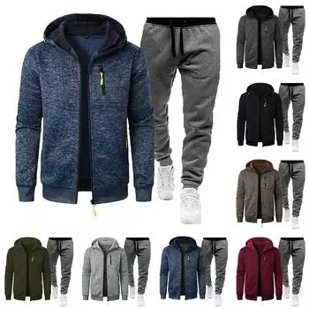 Мужская осенне-зимняя однотонная толстовка с длинным рукавом на молнии с капюшоном и брюками L армия зеленый