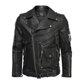 Мужская осенне-зимняя персонализированная кожаная куртка Slim Fit Multi Pocket Zipper Jacket S матовый черный