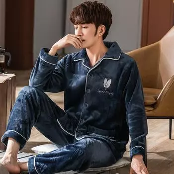 Мужская осенне-зимняя пижама из кораллового бархата и плотного бархата, теплая домашняя одежда L белый