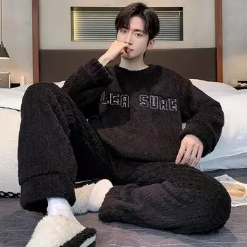 Мужская осенне-зимняя пижама из кораллового флиса, теплая фланелевая домашняя одежда из плотного плюша, костюм большого размера XL (120-140 lbs)